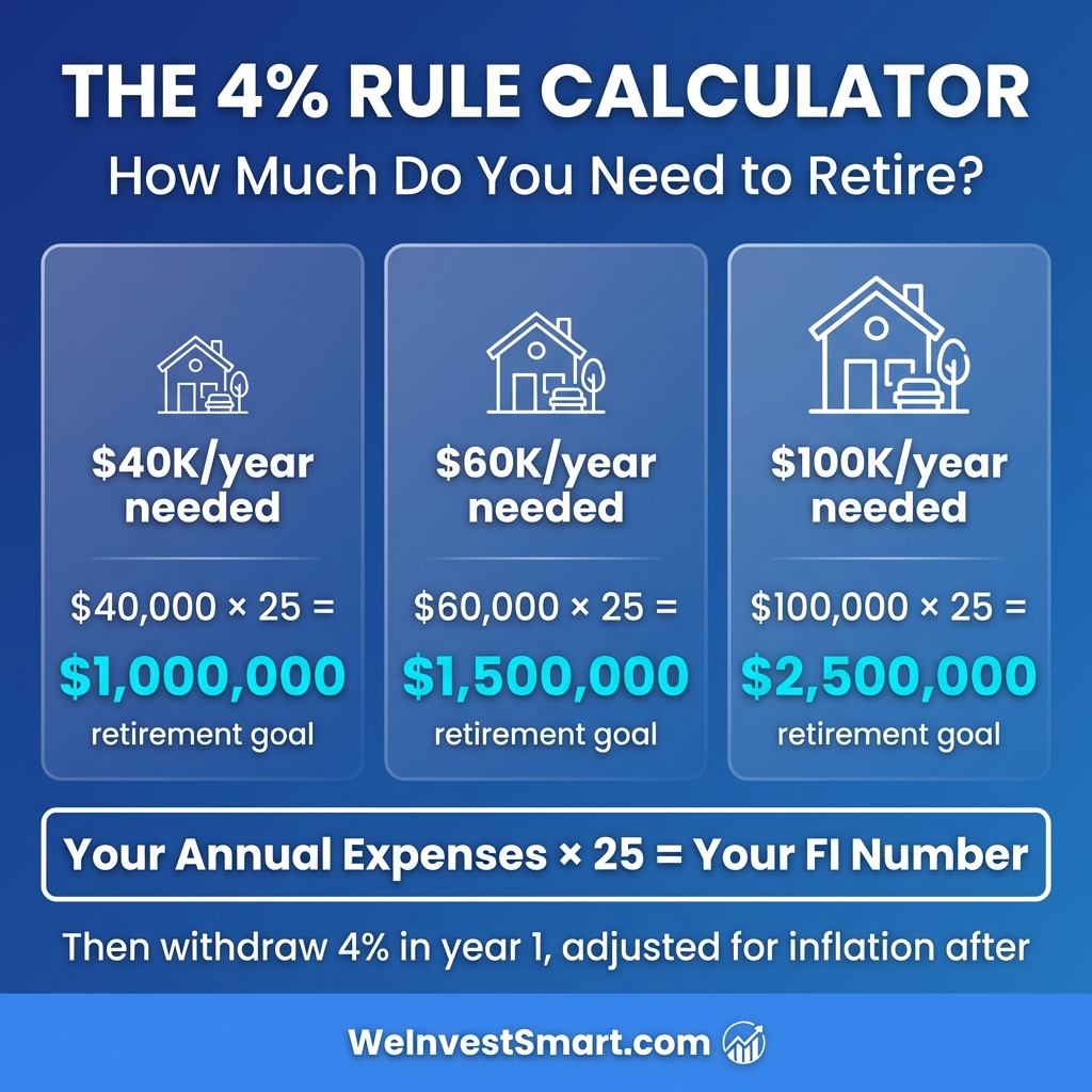4% Rule calculator showing how to calculate retirement number using Rule of 25 with three examples: $40K annual expenses needs $1M, $60K needs $1.5M, $100K needs $2.5M