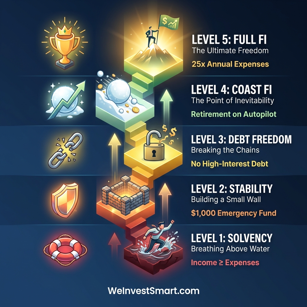 The 5 Levels of Financial Independence roadmap showing progression from Solvency to Full FI with key milestones and stats for each level