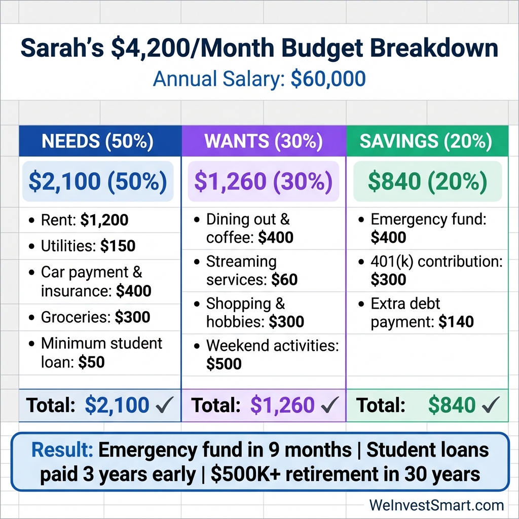 Sarah's complete 50/30/20 budget breakdown showing real dollar amounts for $4,200 monthly income with needs, wants, and savings categories