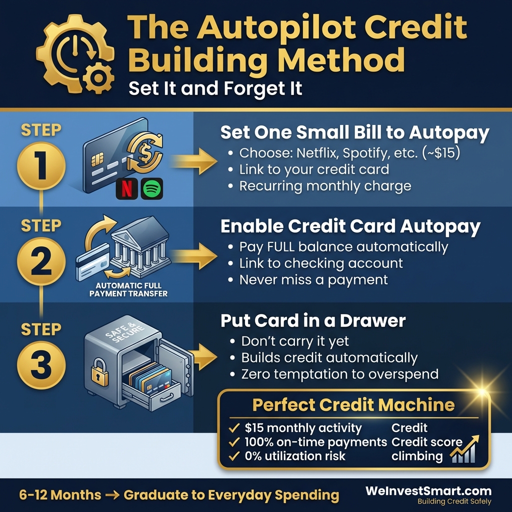 3-step autopilot credit building method showing how to build credit safely with automatic payments