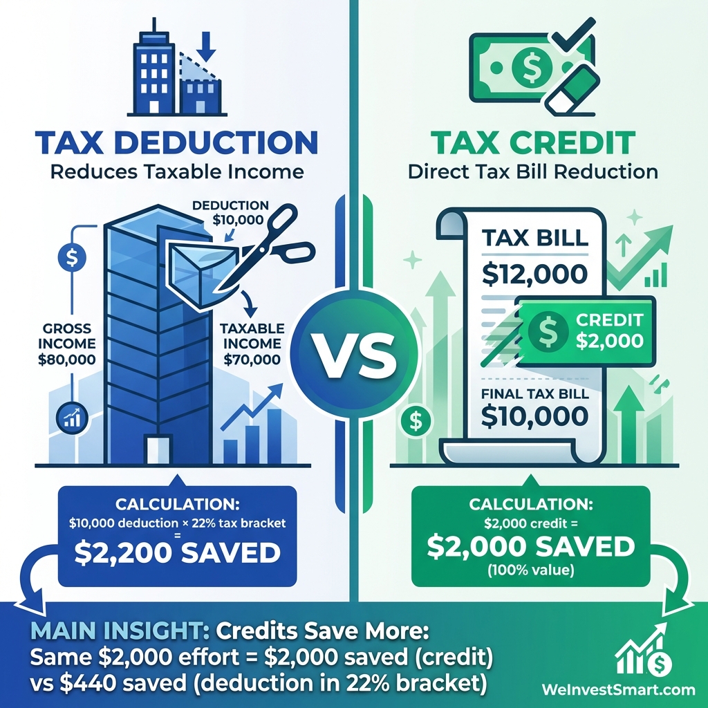 Visual comparison infographic showing tax deduction vs tax credit: deduction reduces taxable income before calculation ($10,000 deduction saves $2,200 in 22% bracket) while credit directly reduces tax bill dollar-for-dollar ($2,000 credit saves full $2,000)