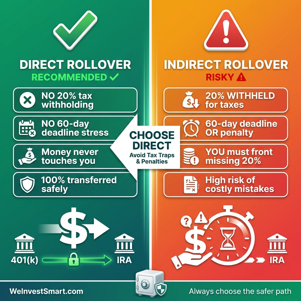 Direct vs. Indirect Rollover comparison infographic - Direct Rollover (recommended): NO tax withholding, NO 60-day deadline, 100% transferred safely; Indirect Rollover (risky): 20% withheld, 60-day deadline or penalty, high risk of mistakes