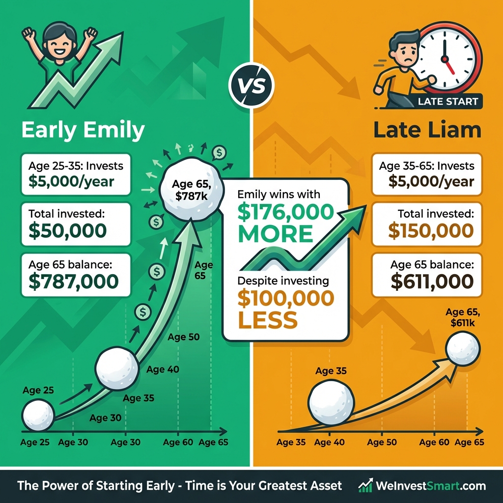 Early Emily vs Late Liam compound interest comparison showing Emily's $787,000 vs Liam's $611,000 after investing different amounts