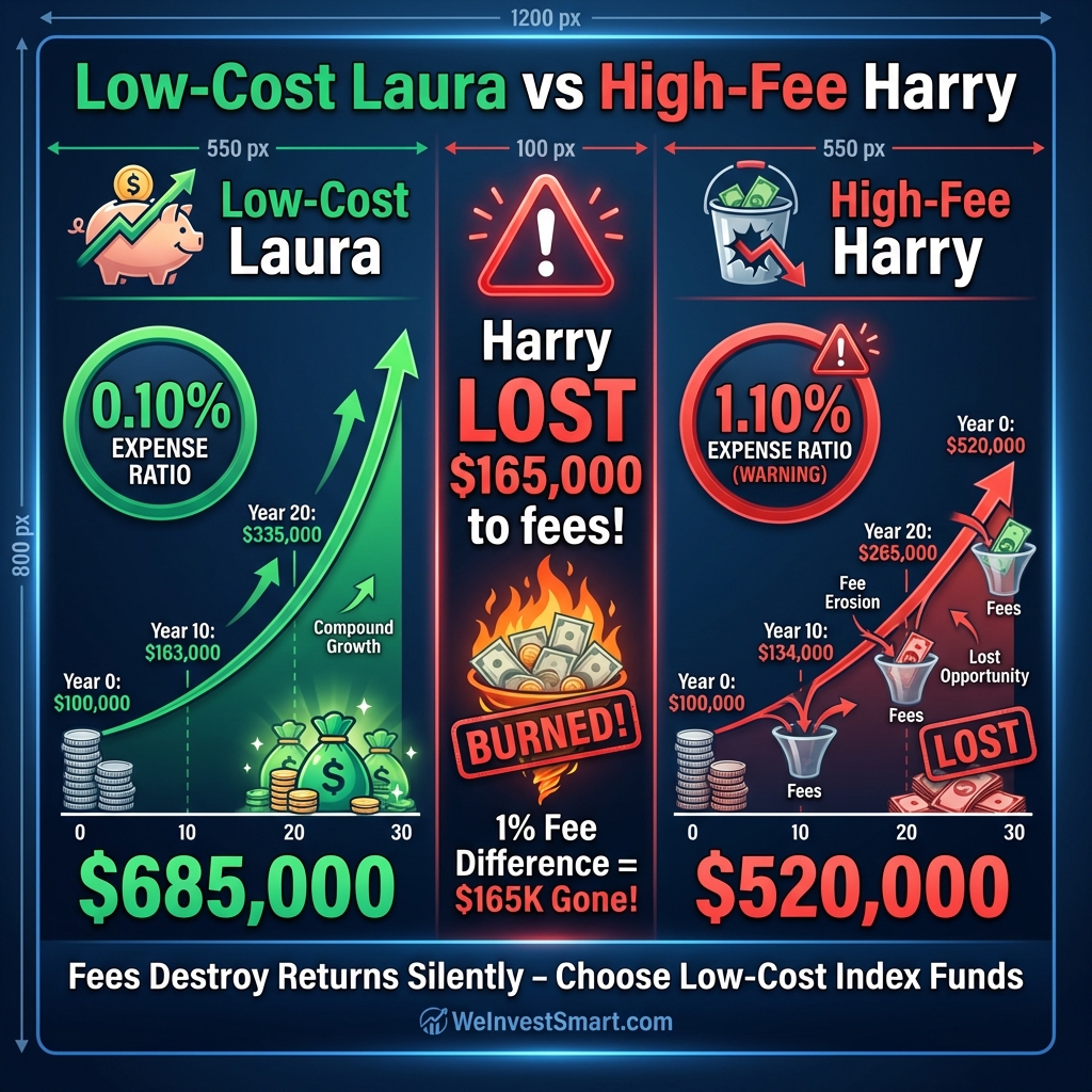 Low-Cost Laura vs High-Fee Harry comparison showing how a 1% fee difference results in $165,000 lost over 30 years