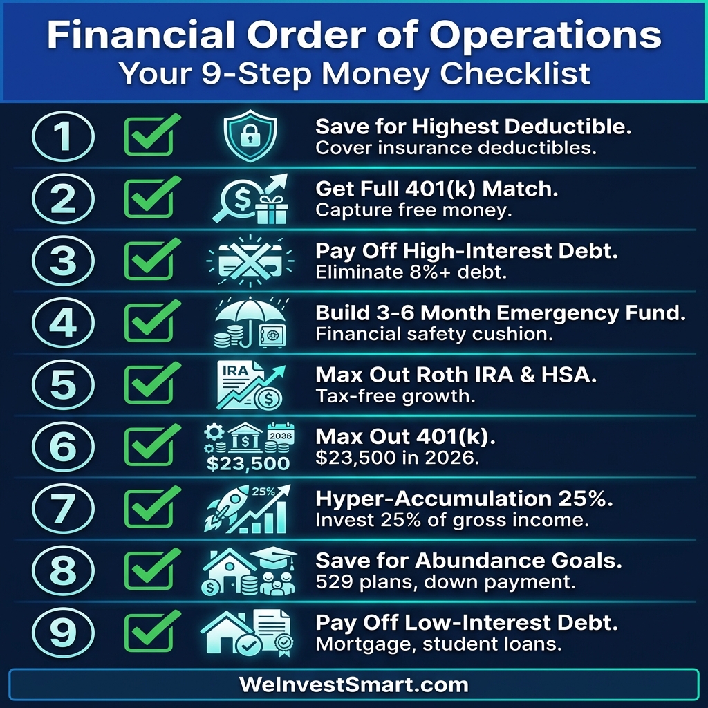 Financial Order of Operations 9-step checklist infographic showing progression from saving for deductibles to paying off low-interest debt