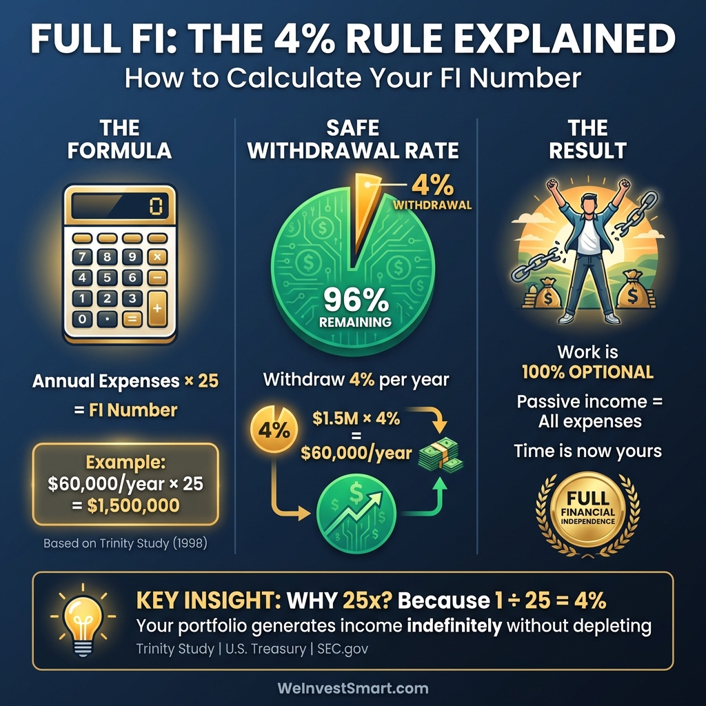 Full FI 4% Rule explained with calculation formula showing Annual Expenses × 25 = FI Number, safe withdrawal rate visualization, and Trinity Study reference