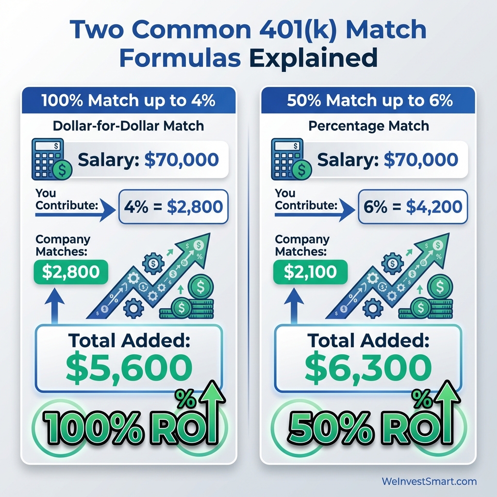 Infographic: Comparison of two common 401(k) match formulas showing Maya's $70,000 salary with 100% match up to 4% yielding $5,600 total (100% ROI) versus 50% match up to 6% yielding $6,300 total (50% ROI)