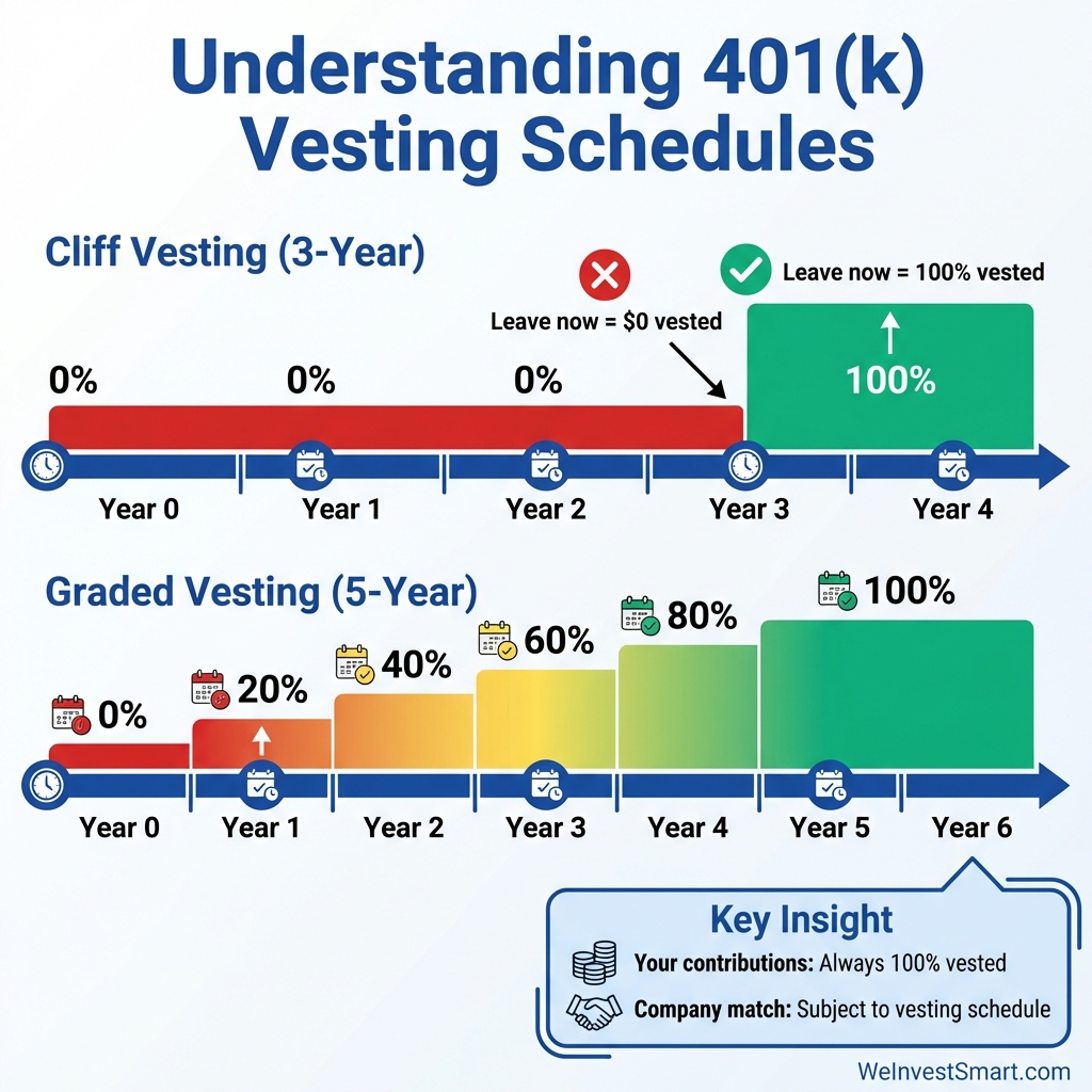 Infographic: Understanding 401(k) vesting schedules with two timelines - Cliff Vesting (3-year) showing 0% for years 0-2 then jumping to 100% at year 3, and Graded Vesting (5-year) showing progressive ownership from 0% to 20%, 40%, 60%, 80%, and 100% over 5 years, with key insight that your contributions are always 100% vested while company match is subject to vesting schedule