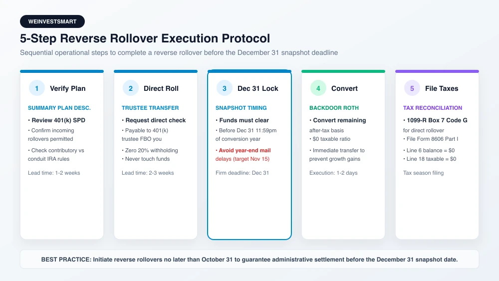 Five-step checklist for completing a 401(k) reverse rollover before the December 31 snapshot deadline