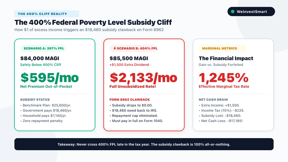 Graph illustrating the 400 percent Federal Poverty Level subsidy cliff showing out of pocket costs doubling immediately upon exceeding the threshold