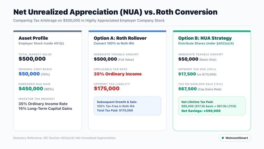 Side-by-side financial comparison chart between Net Unrealized Appreciation NUA and standard Roth conversions for company stock