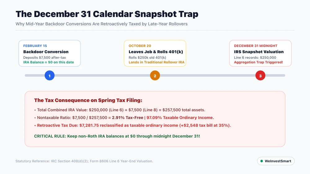 Timeline diagram showing how late-year 401k rollovers into an IRA trigger retroactive pro-rata taxes under the December 31 snapshot rule