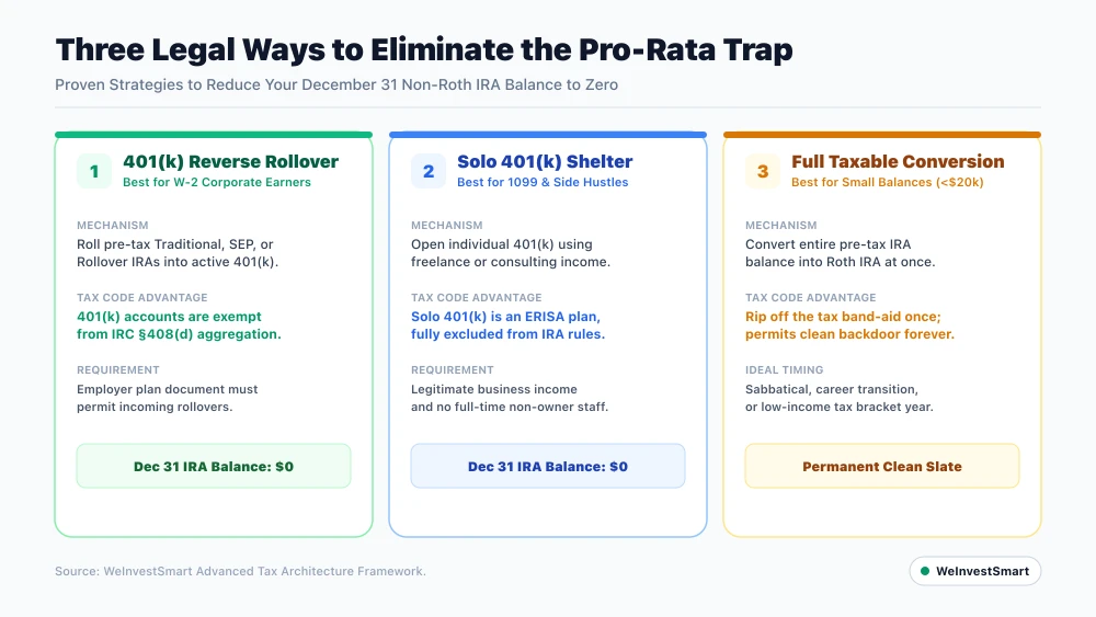 Overview of three legal strategies to eliminate the Backdoor Roth pro-rata rule including reverse rollovers, Solo 401k plans, and full conversions
