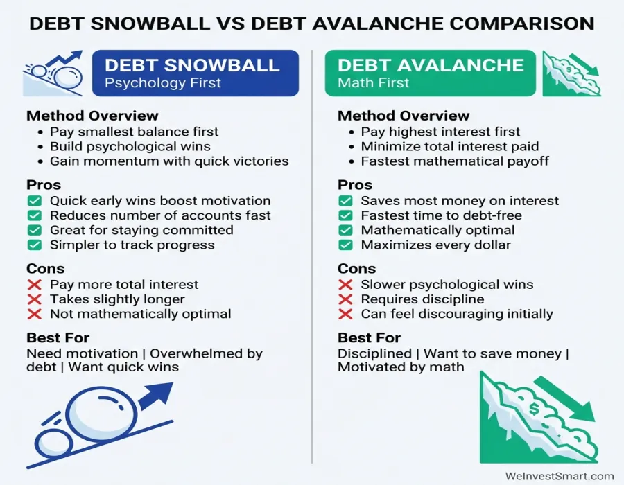 Infographic: Debt Snowball vs Debt Avalanche comparison showing method overview, pros, cons, and best use cases for each debt payoff strategy with visual snowball and avalanche metaphors