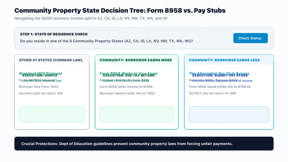 Decision tree for federal student loan borrowers residing in community property states choosing between Form 8958 and alternative documentation of income