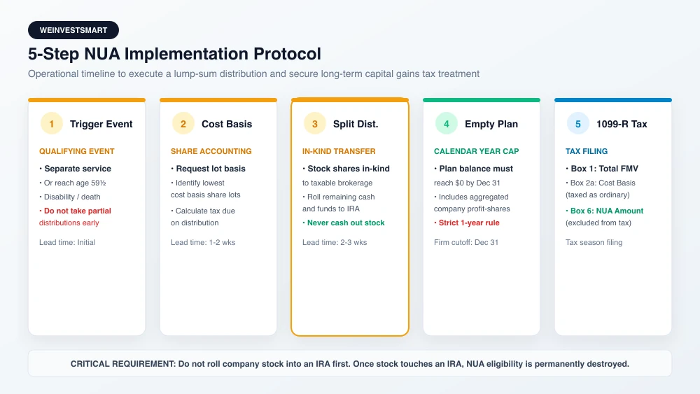 Five-step NUA implementation protocol showing trigger event verification, share cost basis accounting, split distribution, single calendar year emptying, and Form 1099-R tax reconciliation
