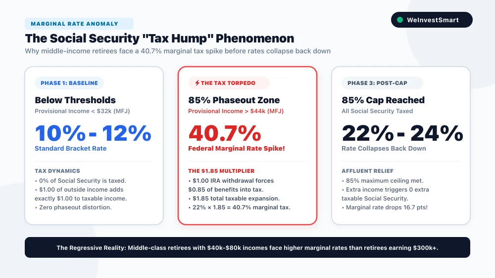 Graph demonstrating the Social Security tax hump showing marginal rates spiking to 40.7% before collapsing back to nominal brackets