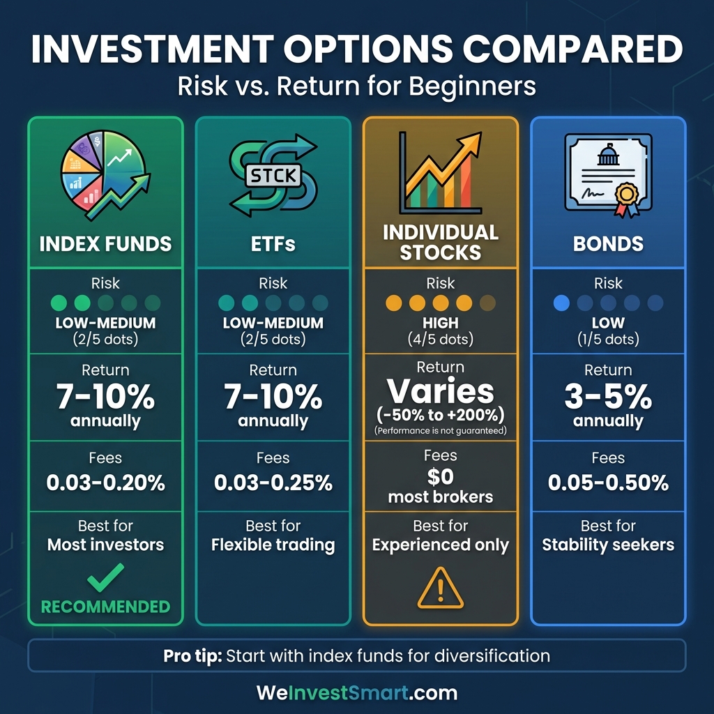 Comparison chart of investment options for beginners showing index funds, ETFs, individual stocks, and bonds with their risk levels, expected returns, fees, and who they're best for - index funds recommended for most investors