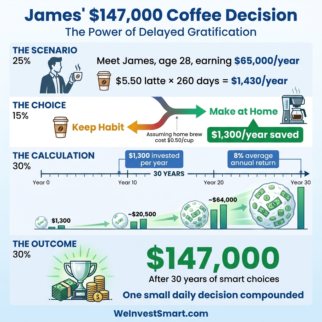 James' coffee savings case study infographic showing how investing $1,300 annually (from skipping daily $5.50 lattes) compounds to $147,000 over 30 years at 8% return, demonstrating the power of delayed gratification