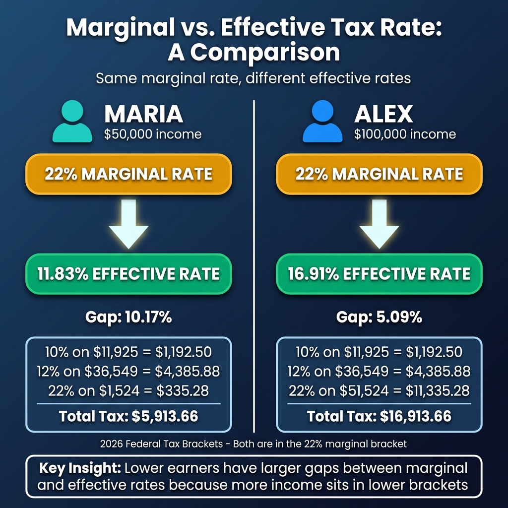 Side-by-side comparison of Maria ($50k) and Alex ($100k) showing their marginal vs effective tax rates and the gap between them