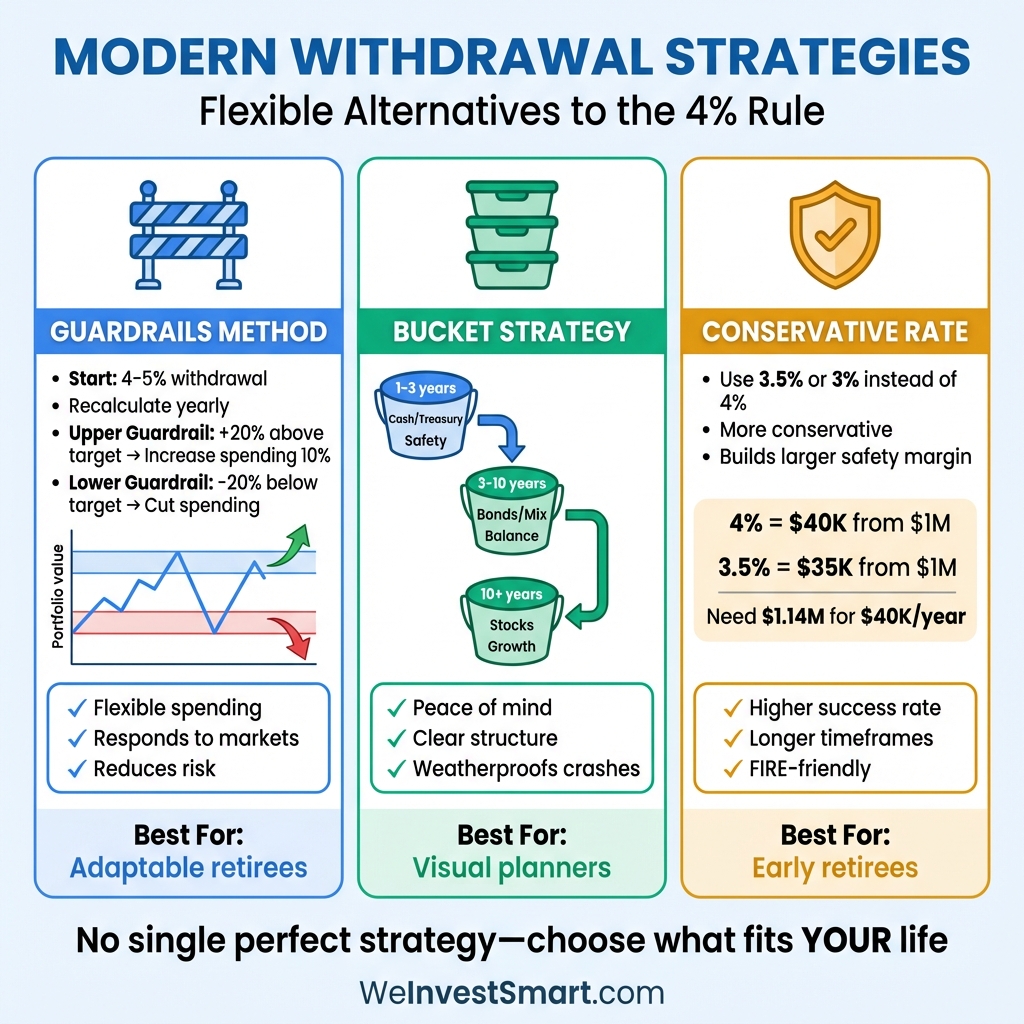Modern retirement withdrawal strategies comparison: Guardrails Method for flexible spending, Bucket Strategy for structured asset management, and Conservative Rate (3.5% or 3%) for higher success rates and early retirement