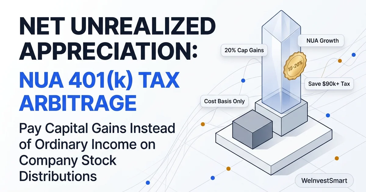 Net Unrealized Appreciation diagram illustrating cost basis taxed as ordinary income versus stock growth taxed at long-term capital gains rates