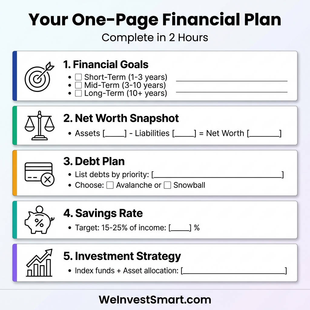 One-page financial plan template showing all 5 critical sections: Financial Goals, Net Worth Snapshot, Debt Plan, Savings Rate, and Investment Strategy - complete in under 2 hours