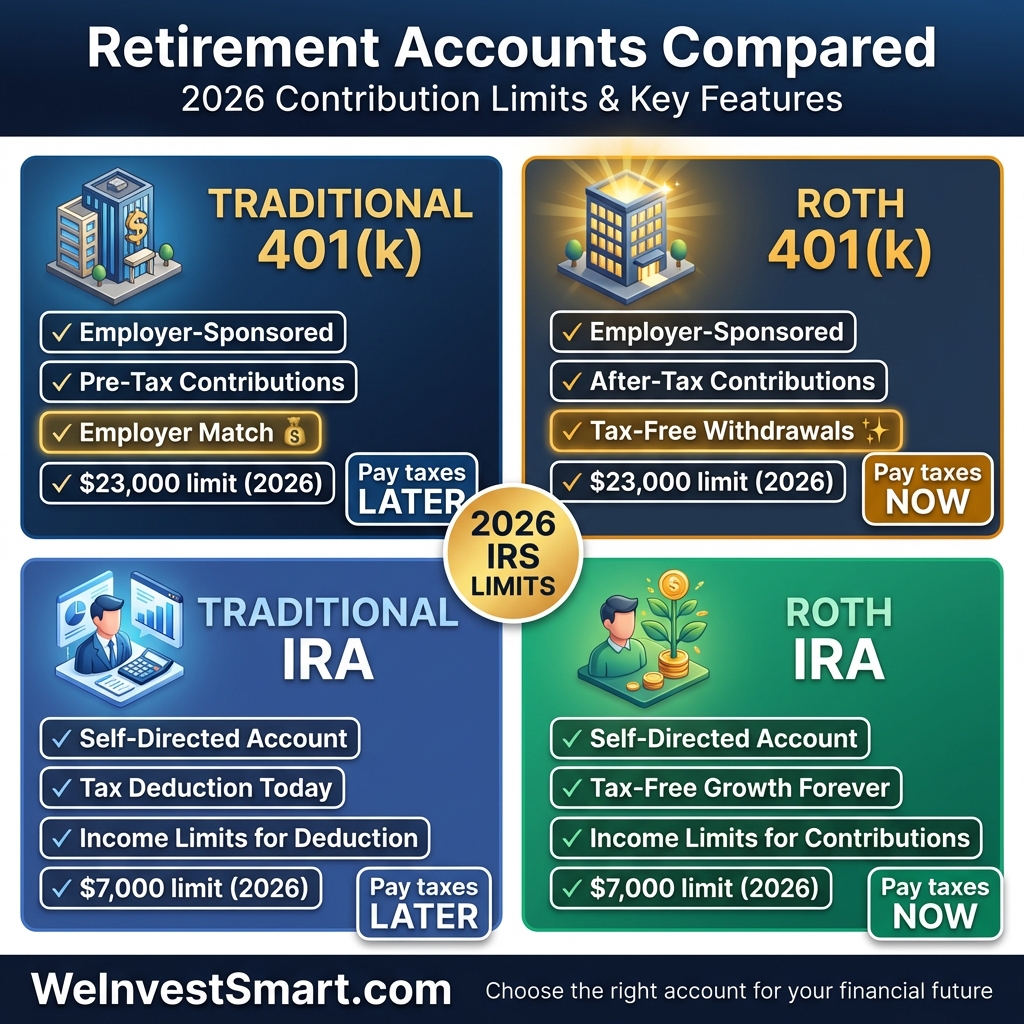 Retirement Accounts Comparison Chart: Traditional 401(k) vs Roth 401(k) vs Traditional IRA vs Roth IRA with 2026 contribution limits and key features