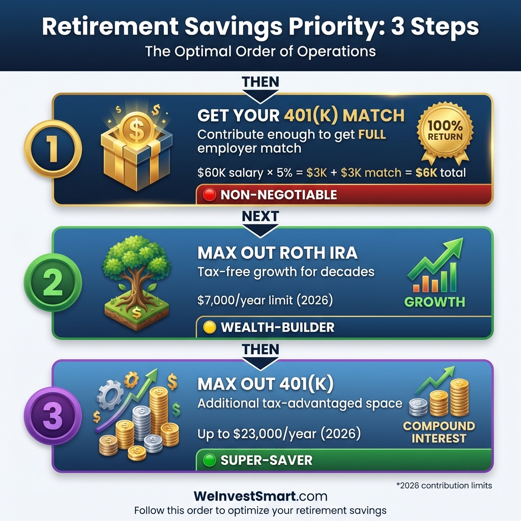 Retirement Savings Priority Order: 3-Step Flowchart - Get 401(k) Match, Max Out Roth IRA, Max Out 401(k) with 2026 contribution limits