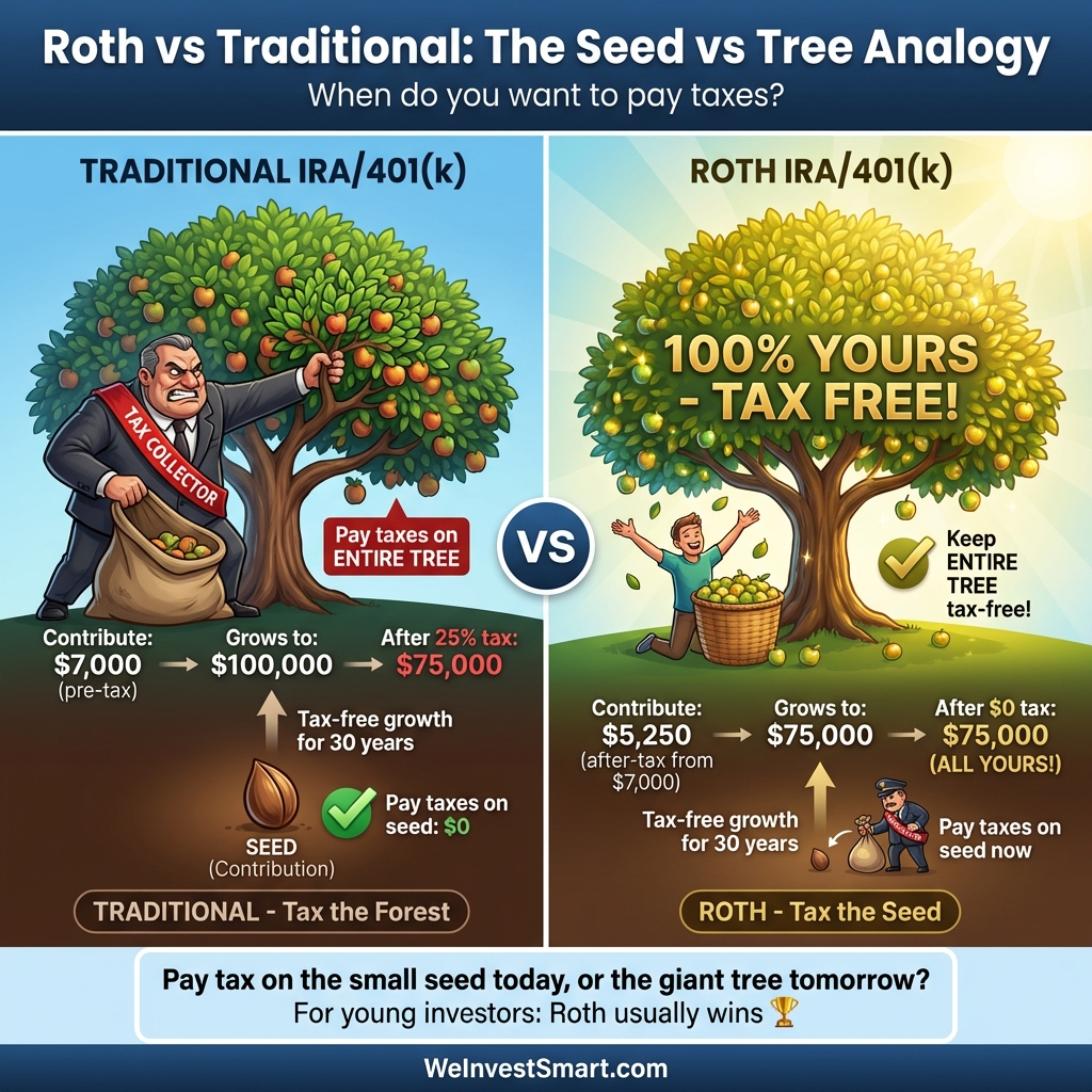 Roth vs Traditional Retirement Accounts: Seed vs Tree Tax Analogy - Pay taxes on the small seed today or the giant tree tomorrow