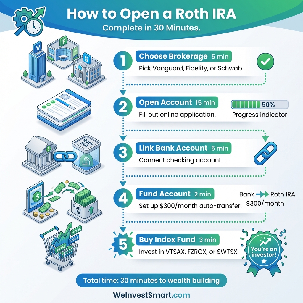 Step-by-step timeline infographic showing how to open a Roth IRA in 30 minutes - from choosing a brokerage to making your first investment