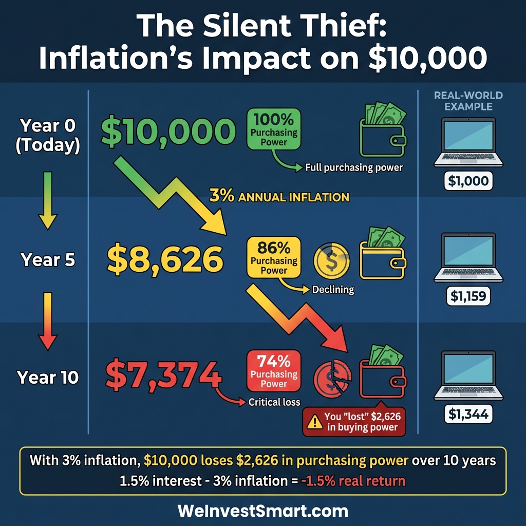 Infographic showing how inflation erodes purchasing power over 10 years