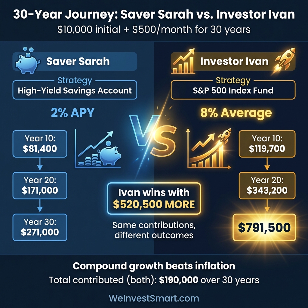 Comparison infographic showing Saver Sarah vs Investor Ivan 30-year wealth outcomes