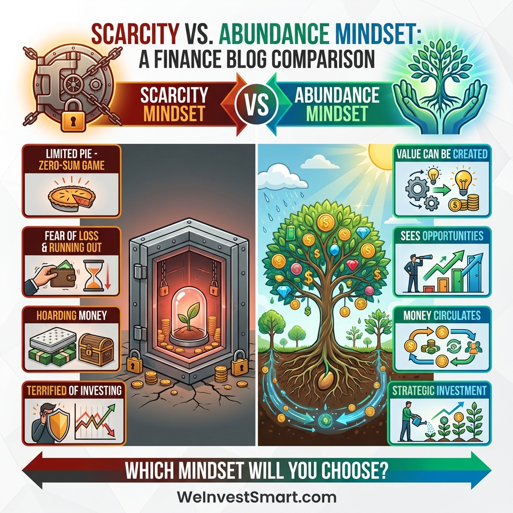 Scarcity vs Abundance Mindset comparison infographic showing the key differences between a scarcity mindset (limited pie, fear of loss, hoarding money) and abundance mindset (value creation, seeing opportunities, strategic investment) for building wealth