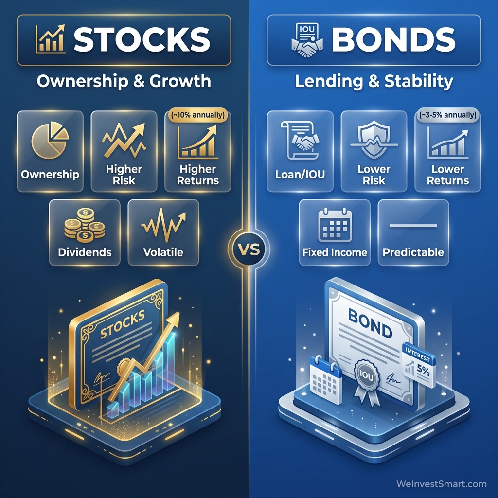 Stocks vs Bonds comparison infographic showing ownership vs lending, risk levels, returns, and characteristics