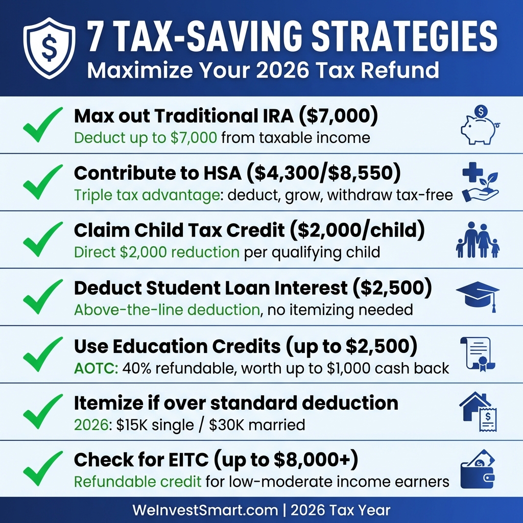 Checklist infographic of 7 tax-saving strategies for 2026: max out traditional IRA ($7,000), contribute to HSA ($4,300/$8,550), claim child tax credit ($2,000/child), deduct student loan interest ($2,500), use education credits (up to $2,500), itemize if over standard deduction ($15K/$30K), and check for EITC (up to $8,000+)