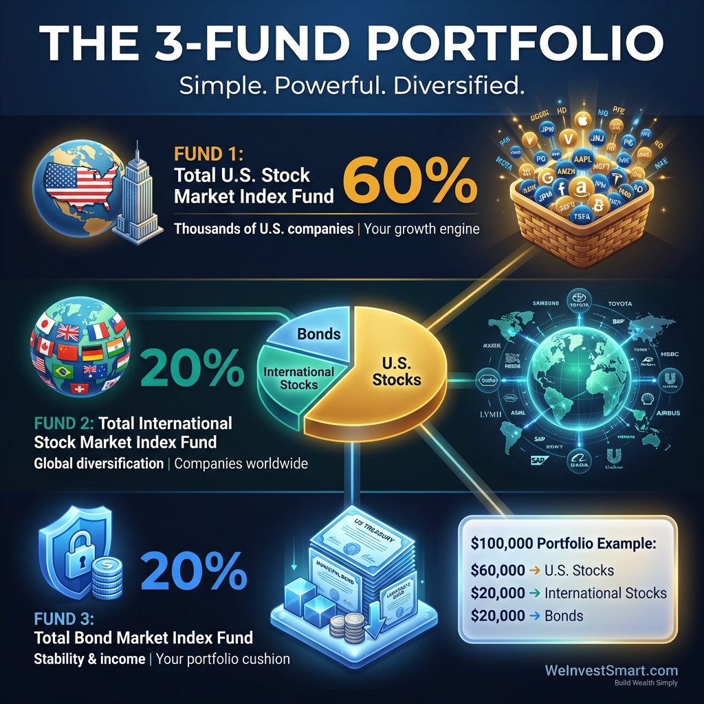The 3-Fund Portfolio infographic showing 60% U.S. stocks, 20% international stocks, and 20% bonds allocation